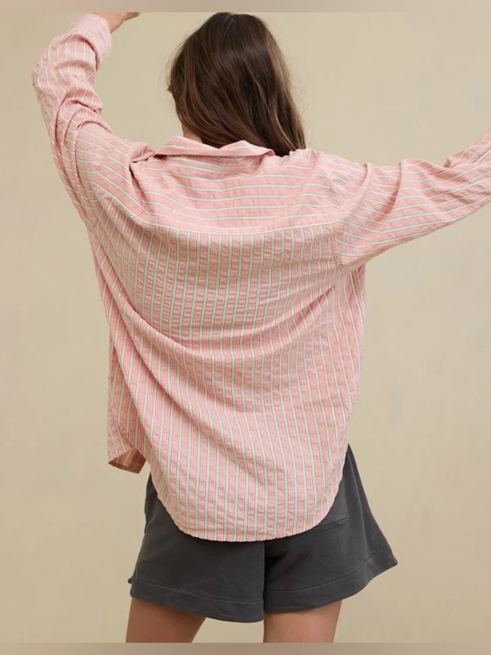 Aerie Off-Duty Seersucker Button Down Oversized Pink White Shirt Small - Picture 4 of 8